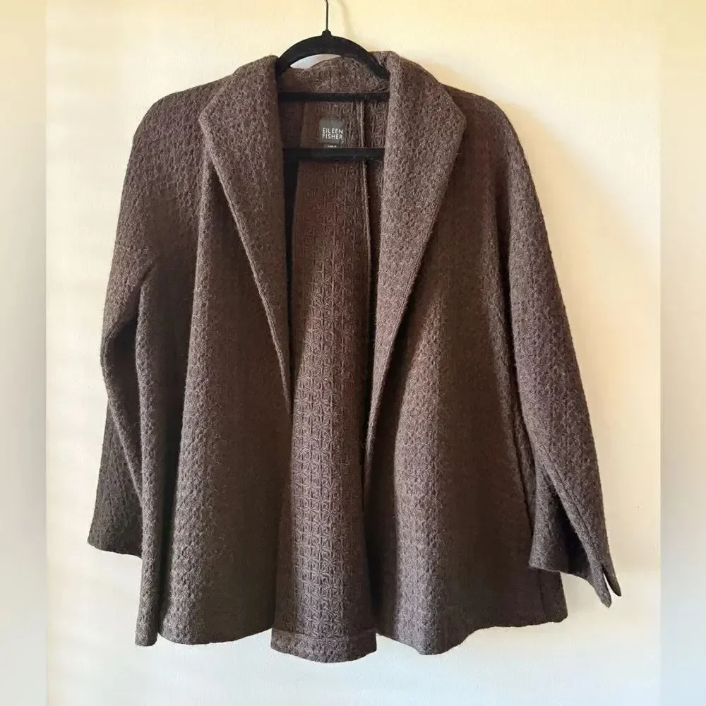 Eileen Fisher 100% Wool Open Front Chocolate Brown Cardigan Size Small